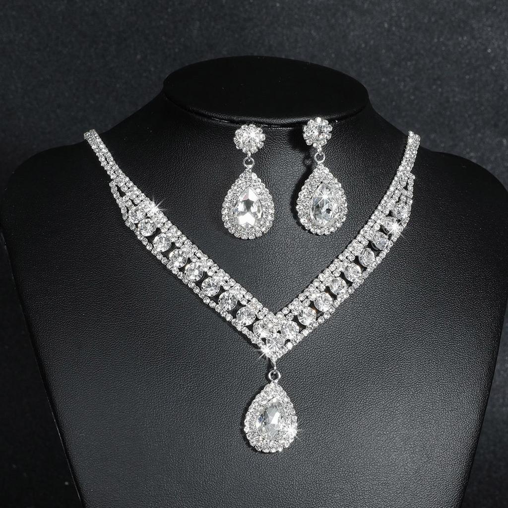 Explosive heavy industry shiny rhinestone fringed necklace earring set bridal jewelry