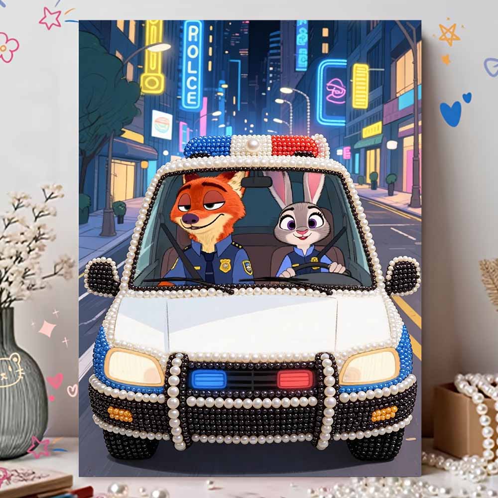 Disney DIY Pearl Art Painting Nick and Judy Are Driving a Police Car Home Wall Decoration Pearl Gem Painting Pictures Crafts Home Decoration