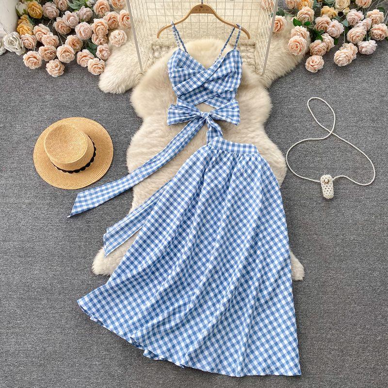 

Праздничная одежда интернет-знаменитости, сексуальный стиль, гингем, большой размах, слинг Blue L