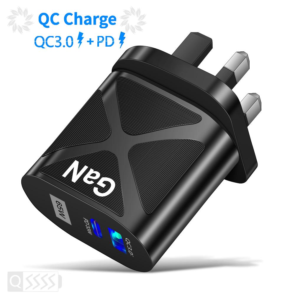 VAORLO 65W nabíječka GaN PD QC3.0 Rychlé nabíjení Rychlé nabíjení Nástěnná nabíječka EU UK Porty USA