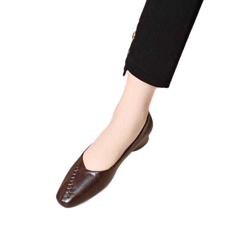 Leather square head temperament shallow mouth single shoes spring new flat bottom retro small leather shoes
