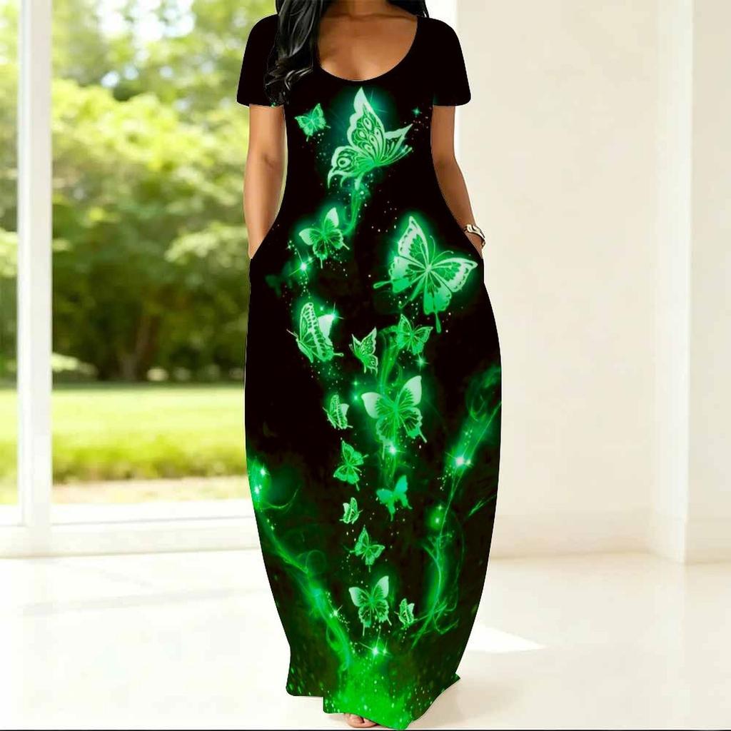Curvy Women Round Neck Short Sleeve Dress Light Loose Outfit For Summer Daily Life