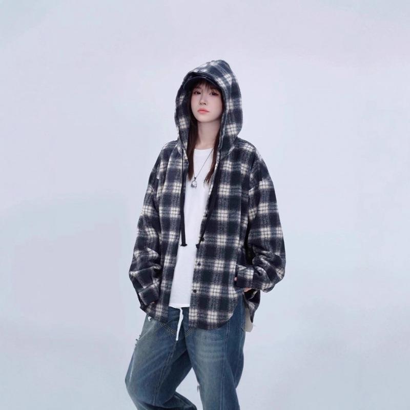 

Unisex Hong Kong Plaid Hooded Shirt Jacket - Loose Fit, Mid-Length, Casual Spring/Autumn Top Medium чорний/синій