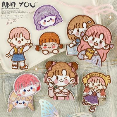 Cartoon Girl Embroidered Sticker Patch: Self-Adhesive DIY Cloth Accessory