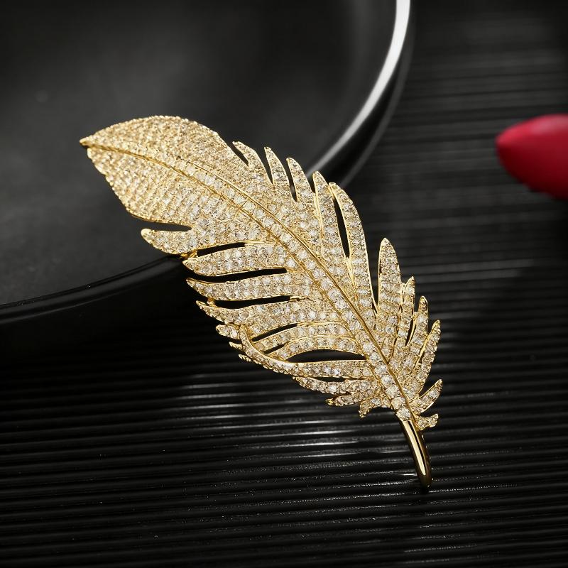 Long Feather Brooches for Women Full Rhinestone Wedding Jewelry Brooch Gold Silver Metal Brooches
