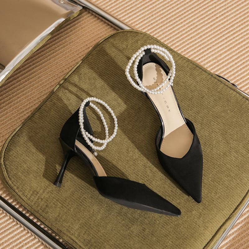 

82312 red high heels women s stiletto spring 2025 new pointed wedding shoes pearl straps daily single shoes 39