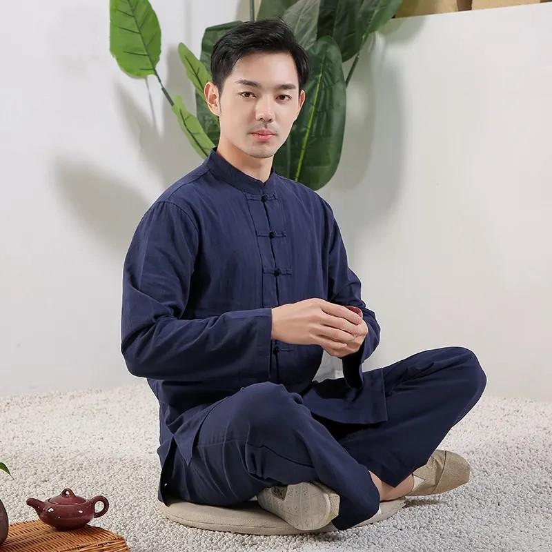 

Male Vintage Tai Chi Clothing Set Long Sleeve Plate Button Shirt + Pants Two Piece Set 2XL