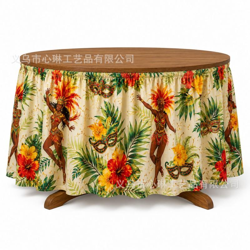 Tropical Plant Print Round Tablecloth Carnival Party Decor Festive Table Skirt In Geometric Abstract Design