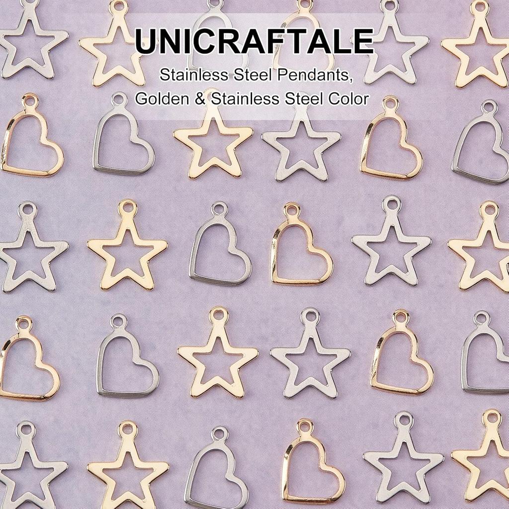 UNICRAFTALE 80pcs 2 Colors Heart & Star Charms - 304 Stainless Steel Hollow Pendants for Jewelry Making