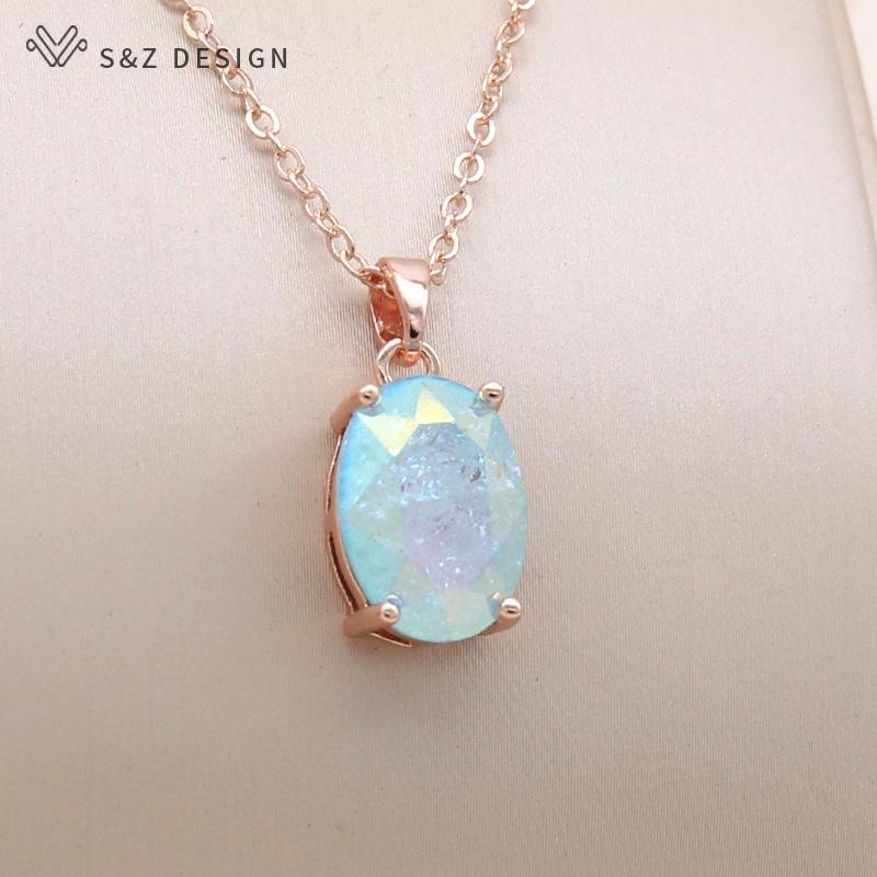 Fashion Ice Crack Egg Shape Oval Crystal Pendant Necklace For Women Elegant Party Rose Gold Color Jewelry