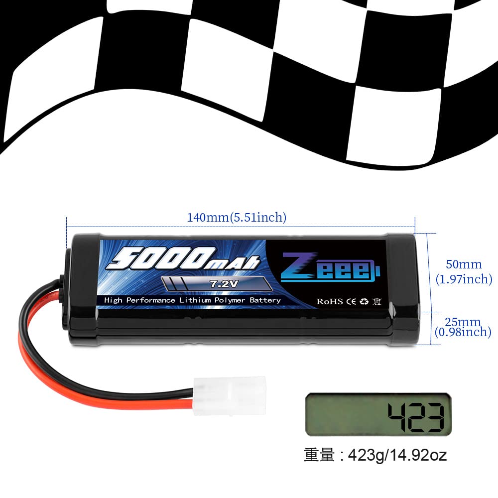 Zeee 7.2V 5000mAh NiMH Battery with TAMIYA Plug, 2-Pack, High Capacity, for RC Cars, RC Boats, Racing Cars, and More