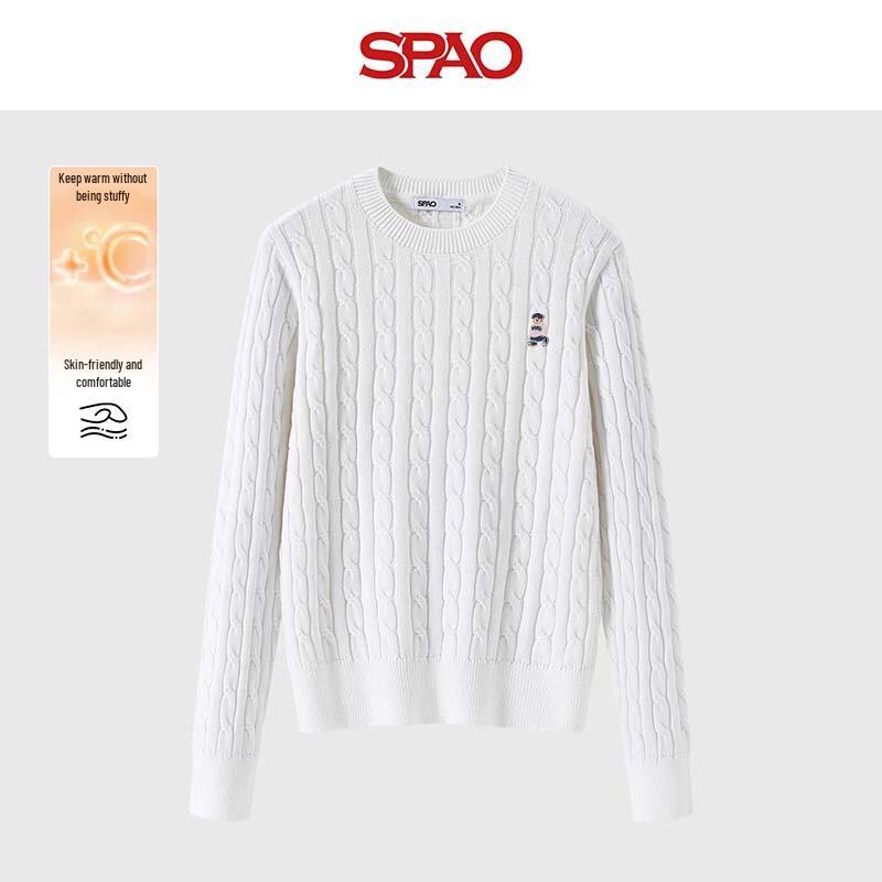 

SPAO Women s Ivory Bear Embroidered Cable Knit Sweater M
