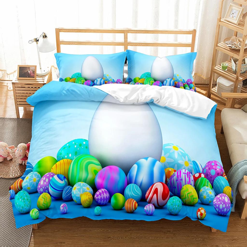 Happy Easter Duvet Eggs Rabbit Pattern Polyester Comforter Cover Festival Gifts for Kids Boys Girls Bedding Set with Pillowcase