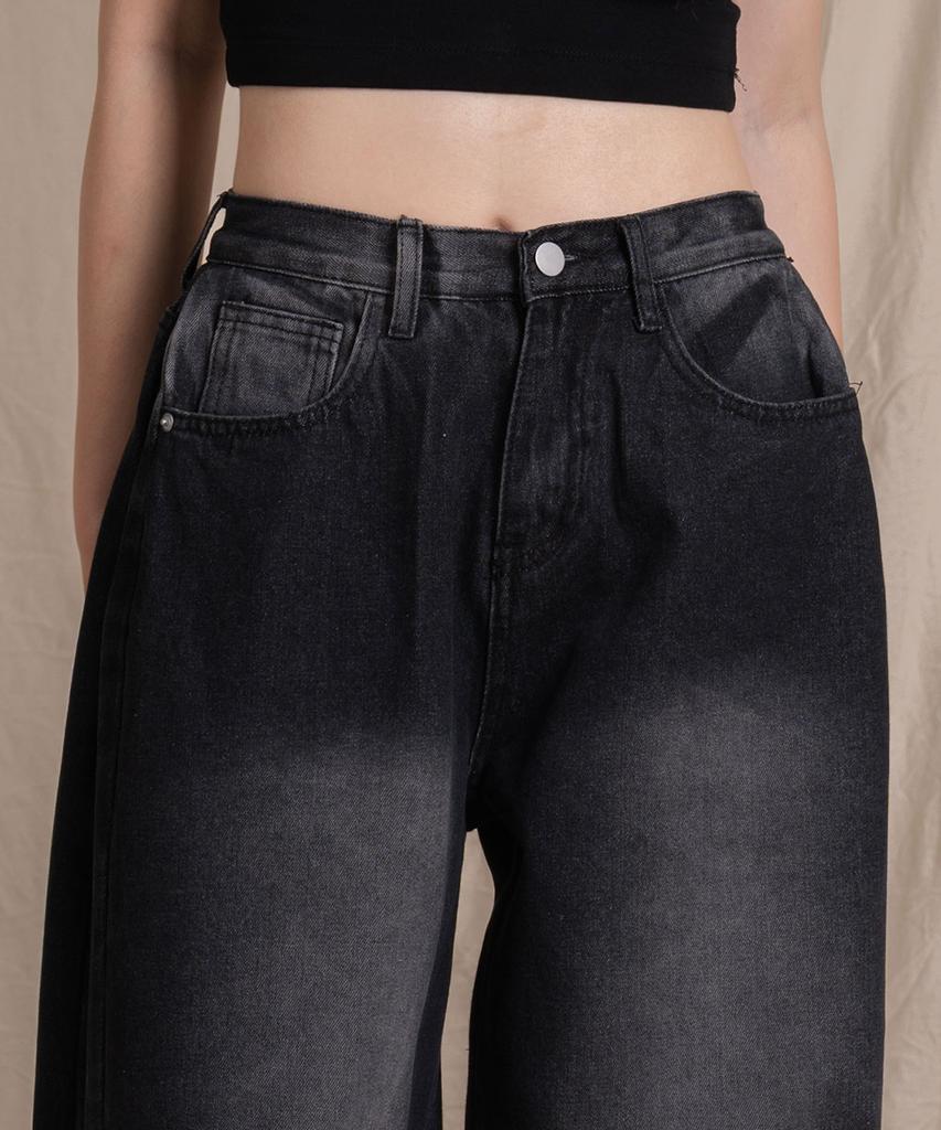 Ellamo 56_4 Women'S Side Pintuck Washed Wide Denim Pants (Basic/Long)_Dark Denim