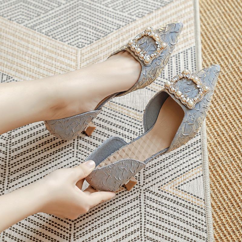 New women's shoes pointed high heels single shoes thin heels fashion bag head hollow sandals women's middle heel