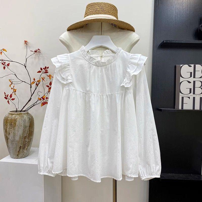 

Жіноча ретро сорочка з довгими рукавами та французьким коміром з рюшами - Осіння приталена S білий