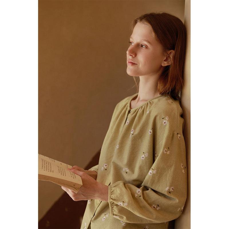 Autumn new women's cotton abraded crew neck cardigan type printed pajamas long sleeves trousers loungewear set