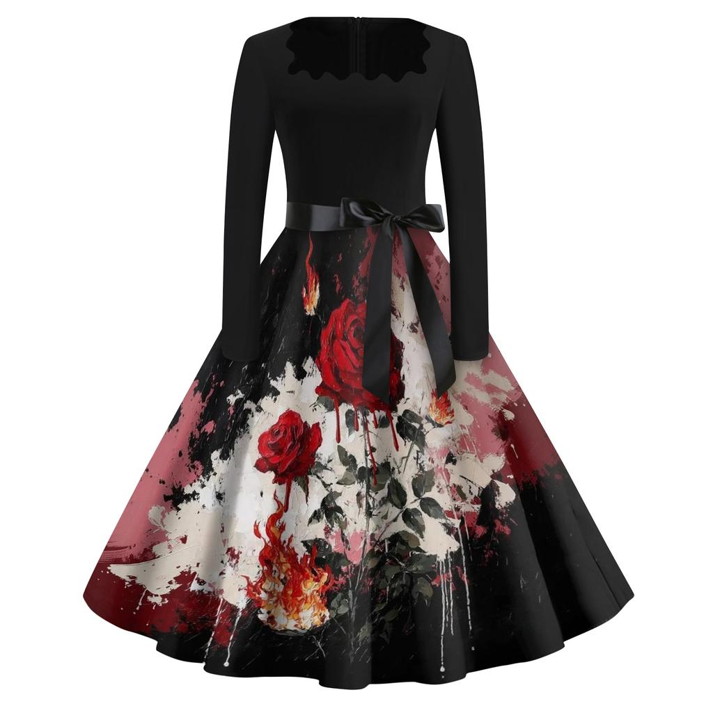 Women's Casual Vintage Halloween Dress Long Sleeve Square Neck Fit and Flare Midi Dress with Printed Skirt and Waist Tie