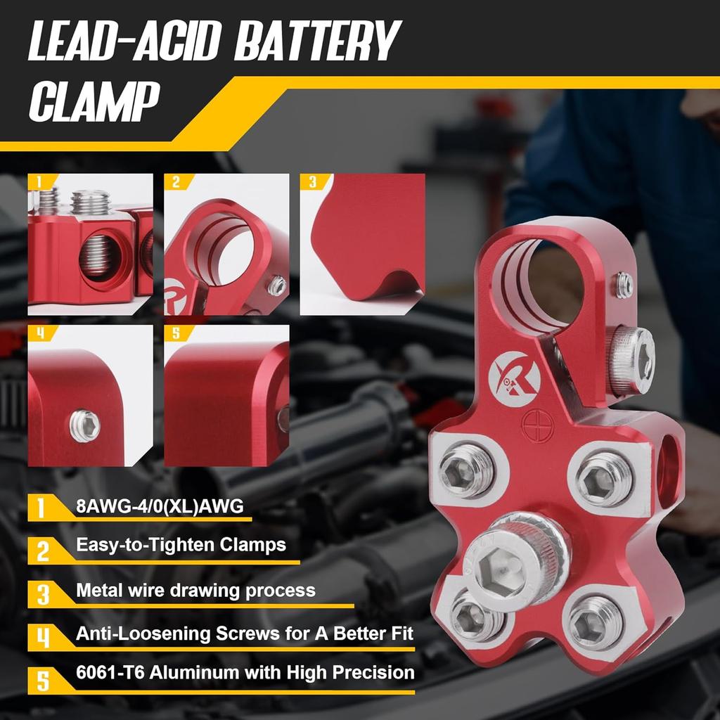 4-Way Lead Acid Battery Terminal Connector Clamps Battery Cable Ends For SAE/DIN/EN Tapered Top Post With 8AWG To 4/0 AWG, Positive & Negative Set,