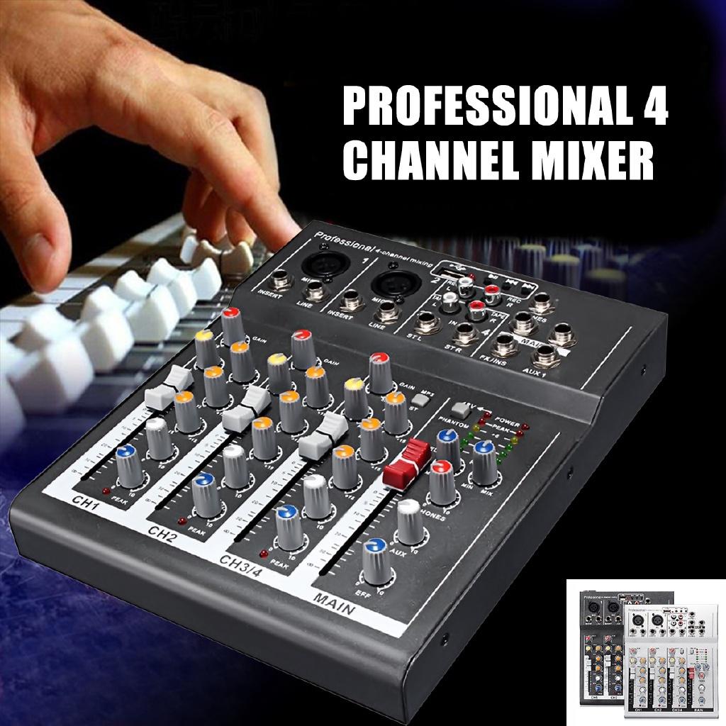 4 Channel Mixer Mini Professional Live Studio Audio Mixer USB Mixing Console DJ Stage KTV black/silver 48V 23.6*19.3cm