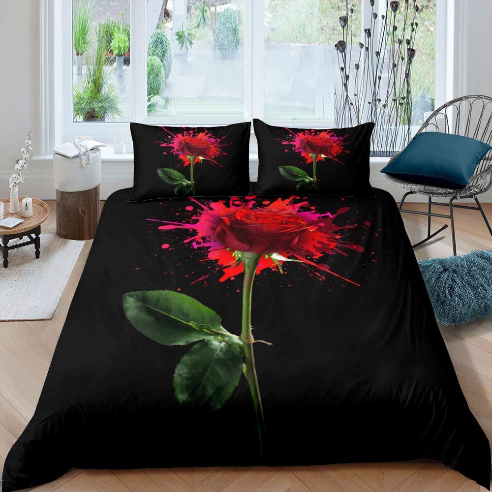 Ensemble Housse de Couette Rose Rouge Ensemble de Literie Imprimé Fleur de Rose Style Romantique Frais Taille King Housse de Couette avec Taies d'Oreiller pour Amoureux