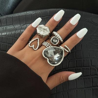 Exaggeration Heart Shape Crystal Rings Set for Women Lips Square Zircon Charm Open Rings Adjustable Fashion Designer Luxury Jewelry