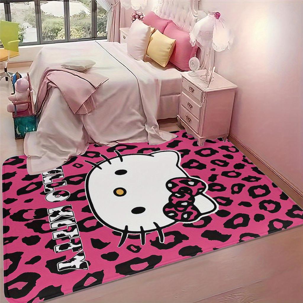 1pc for Hello Kitty Non-Slip Area Mat - Pink & Black Leopard Print, Washable Flannel Mat for Bedroom, Living Room, or Indoor U