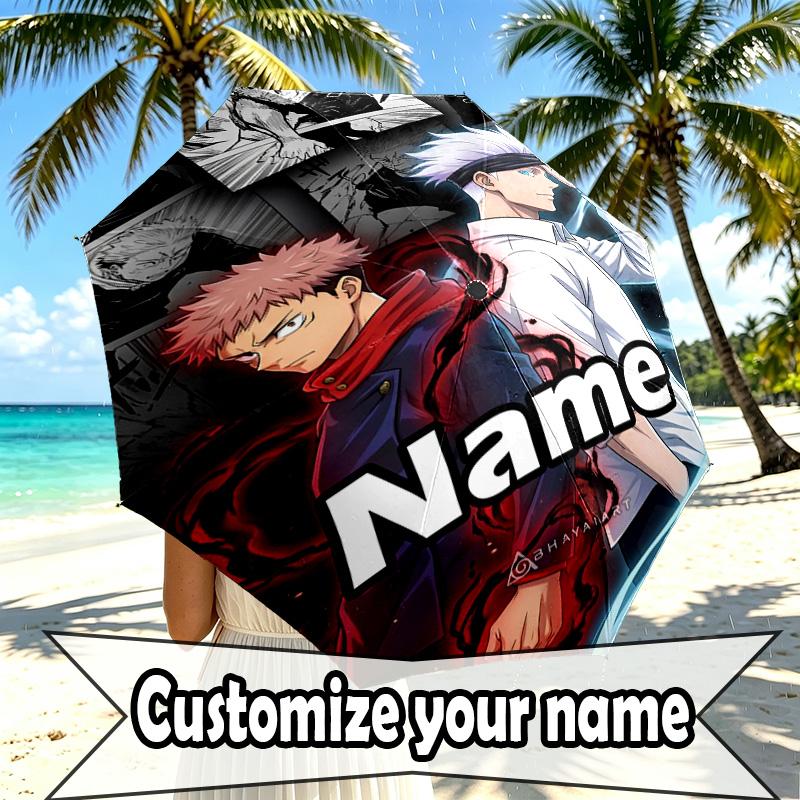 Custom Name Personalized Jujutsu Kaisen Print Umbrella, Auto Open Close, 8‑Rib Sturdy Frame, Commute Camping Hiking Use, Birthday Gift