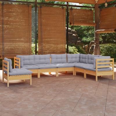 Vidaxl 7-Cz. Garden Lounge Set, Grey Cushions, Pine