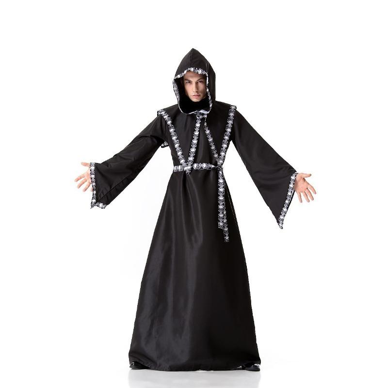 Halloween Adult Vampire Medieval Reaper Black Dark Wizard Robe Dress Up Costume