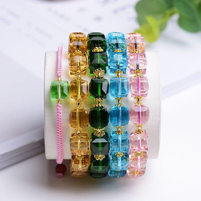 

Вэньвань Браслет-куб из разноцветного турмалина - Корейский стиль, бусины на удачу для мужчин и женщин