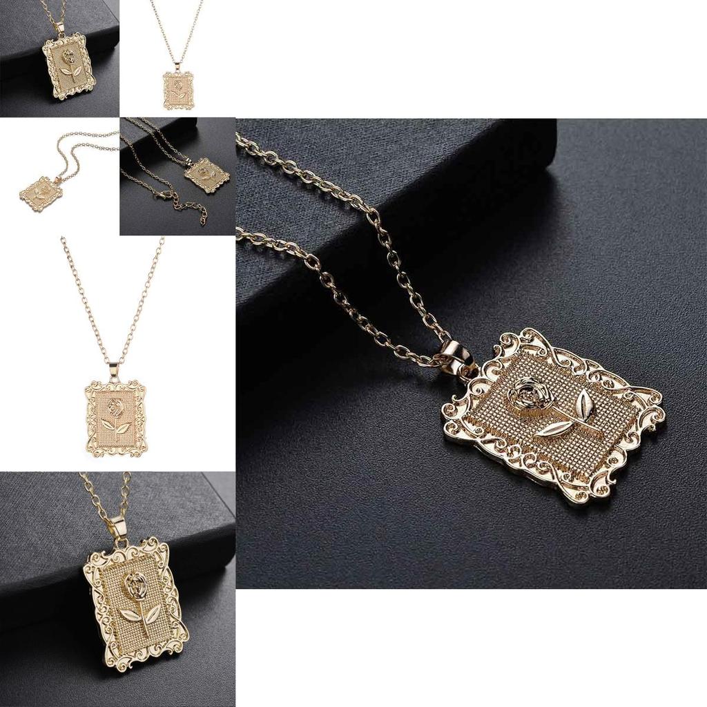 Pozlacený Pop Geometrický Čtvercový Růžový Květ Řetízek na Klíční Kost Svetrový Řetízek Elegantní Šperky Pro Ženy