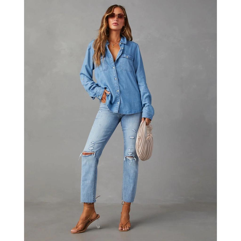 Women's Long Sleeve Denim Shirt 2025 Autumn Casual Lapel Single Breasted for JOOM Europe America