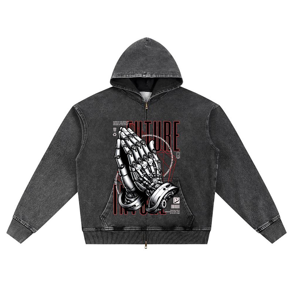 

DTG print Knitted Denim Zip-Up Hoodie Robot Graphic Brother Print Zipper Hoodies S