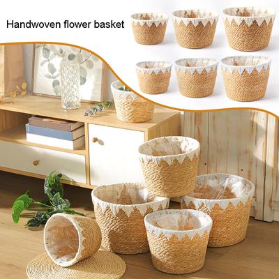 1PC Storage Basket Basket Planter Woven Wicker Rattan Flower Pot Straw Weaving Plant Pots Garden