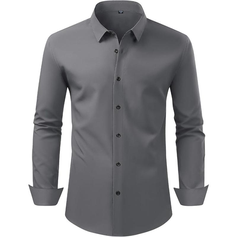 Men Solid Long Sleeve Dress Shirt with Black Buttons, 4-Way Stretch Wrinkle Free Business Formal Shirt, Cross-border Hot Selling Shirt