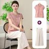 Summer Casual Chinese Style Suit: Diagonal Lapel Top with Frog Buttons for Middle-Aged Women - Lightweight Two-Piece Set