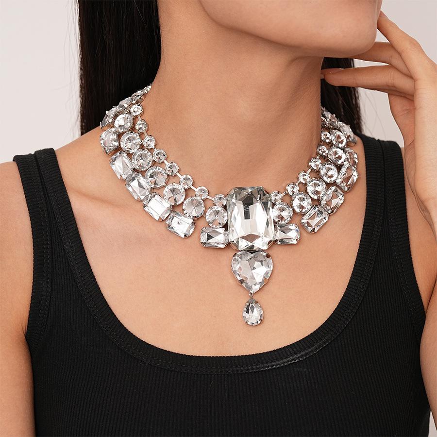 Exaggerated Inlaid Rhinestone Earrings Jewelry Set Square Necklace for Women Wedding Party Accessories