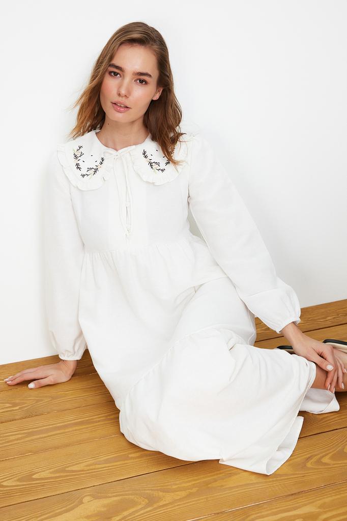 Women's Fashion New Hijab Dress Cinnamon Collar Embroidered Half Patch Linen Look Woven Dress