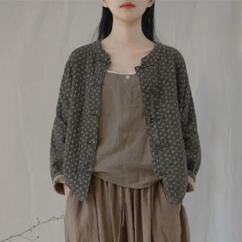 Johnature Mulheres vintage primavera jaquetas de algodão botão suporte casacos estilo chinês manga longa impressão floral jaquetas femininas