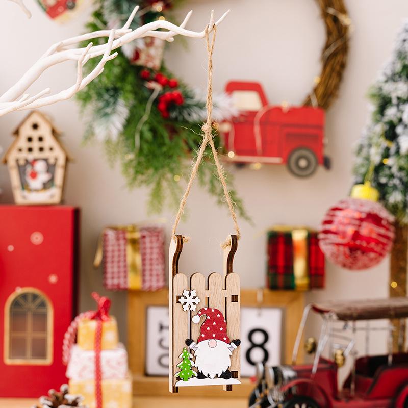 Creative Wooden Christmas Gnome Sleigh Tree Pendant
