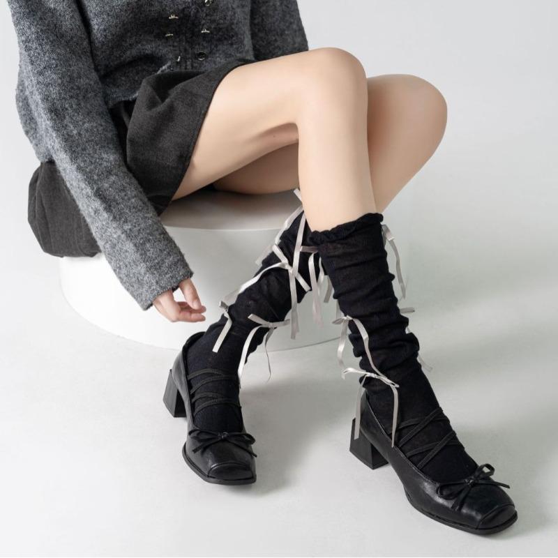 Mid-calf Socks, Boneless Handcrafted Bow, Solid Color, Sweet and Versatile, Pile Socks