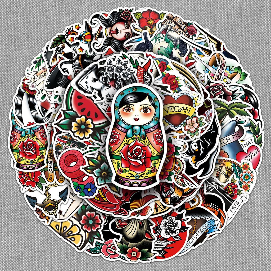 50pcs Cartoon Tattoo Stickers for Notebooks, Luggage, Scooters, Cars, and Motorcycles
