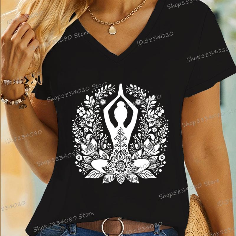 Women's Yoga Floral Shirt Design Graphic Short Sleeve Tee Casual Yoga Lover Gift V-neck Woman T-shirts Yoga Gifts Apparel Tops