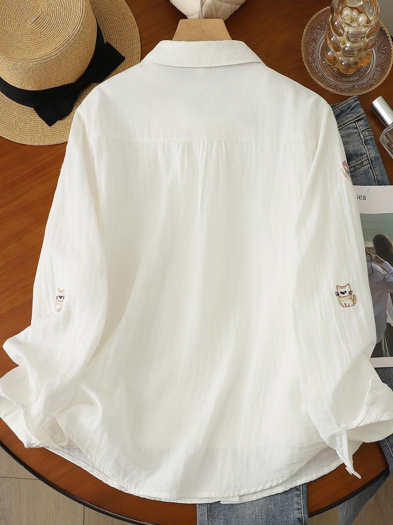 Women's Artistic Cartoon Embroidery Cotton Gauze Long Sleeve Shirt - Fresh & Soft Skin-Friendly Top