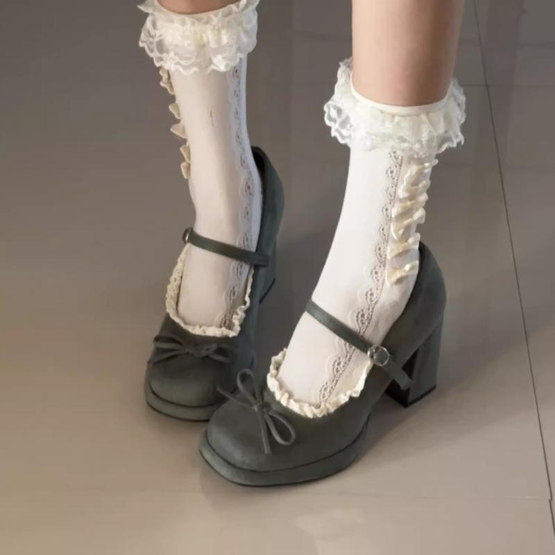 Sweet Bow High Heel Not Tired Feet Mary Jane Shoes Women's 2026 Spring New French Lace Small Leather Shoes