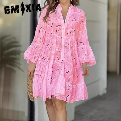 Spring/Summer Solid Color V-Neck Loose Embroidery Hollow Out Lace Flower Sexy Dresses