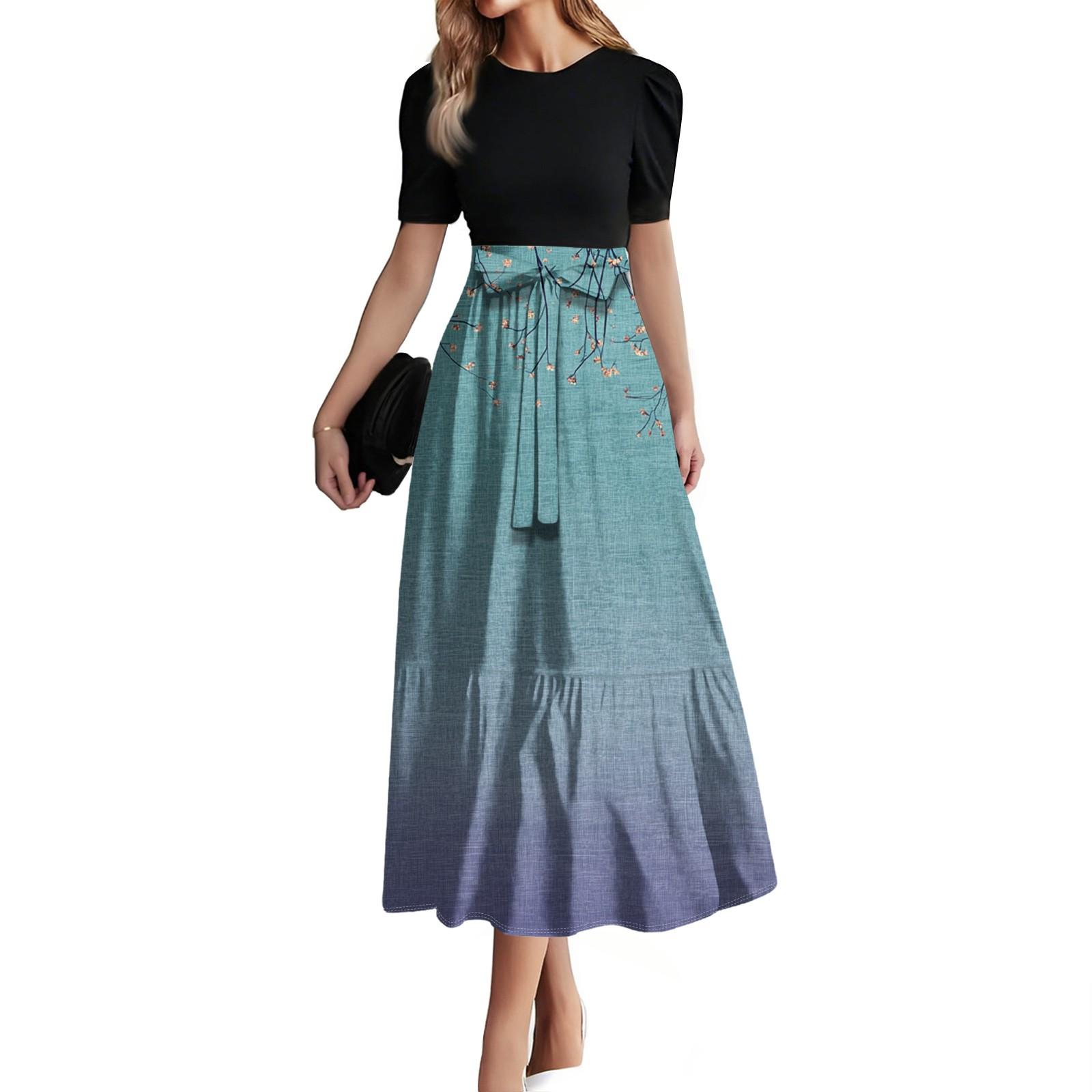 

Women s Fashion Casual Belt Short Sleeve Round Neck Stitching Elegant Temperament Dress XL