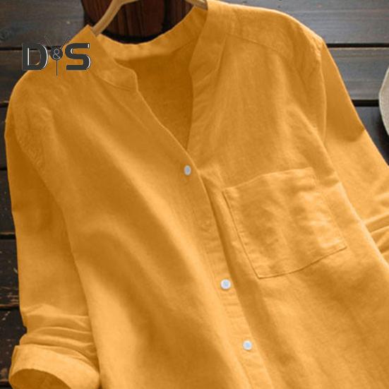 Dame vår høstskjorte topp ensfarget løs passform pustende stoff V-hals lange ermer Single-breasted Casual Top Streetwear