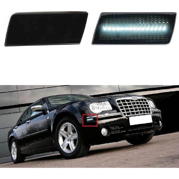 LED Front Bumper Side Marker Lights Smoke Lens/White Light, Compatible with Chrysler 300 300C Models 2005-2010, Front Fender Marker Lamps
